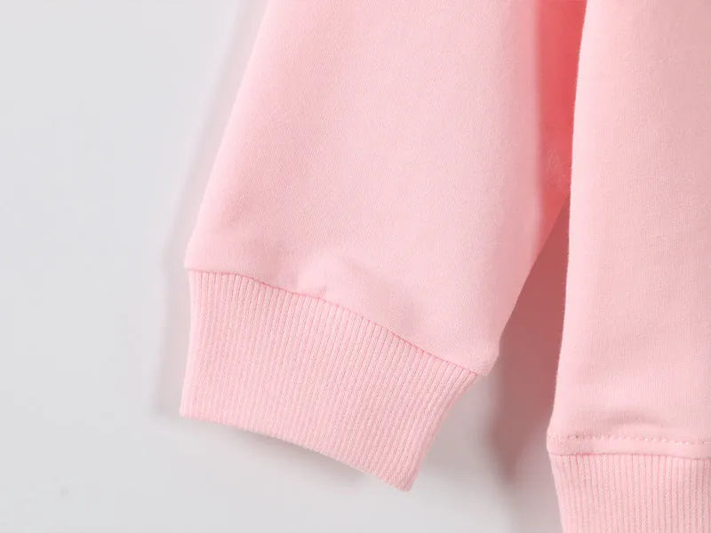 Korean-style cartoon pattern baby girl's sweatshirt for autumn in soft fabric, shown in multiple colour options.