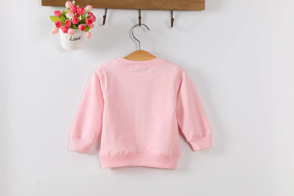 Korean-style cartoon pattern baby girl's sweatshirt for autumn in soft fabric, shown in multiple colour options.