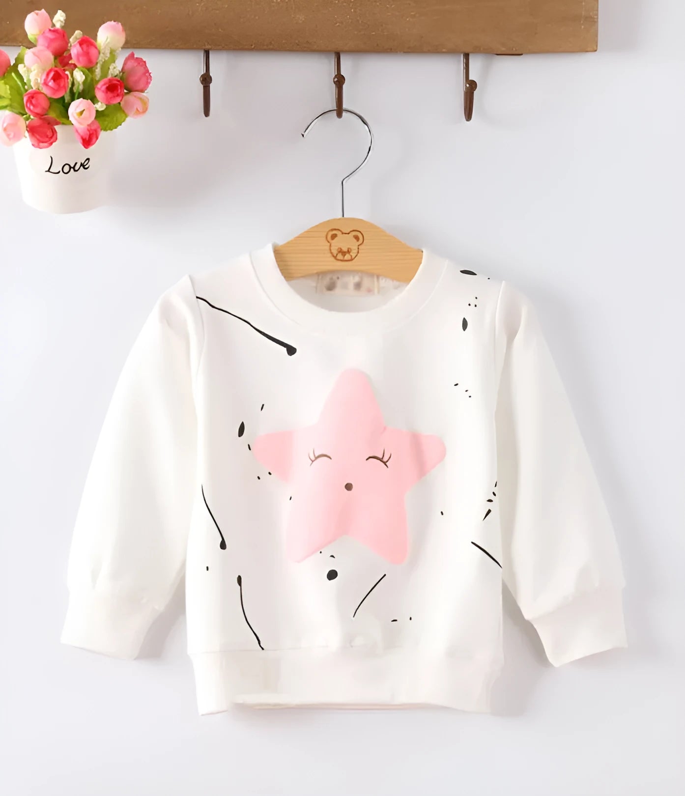 Korean-style cartoon pattern baby girl's sweatshirt for autumn in soft fabric, shown in multiple colour options.