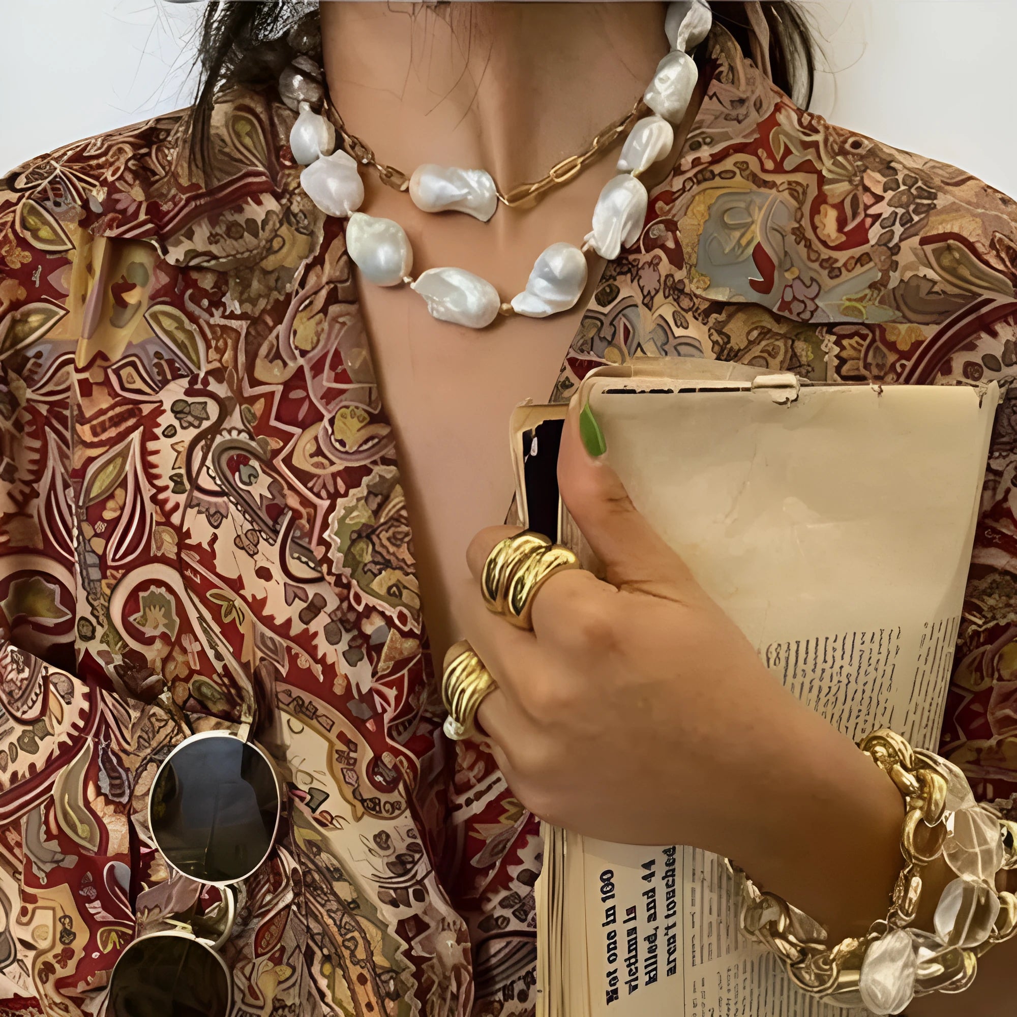 Gold irregular pearl necklace on woman clavicle chain with imitation pearls and alloy frame