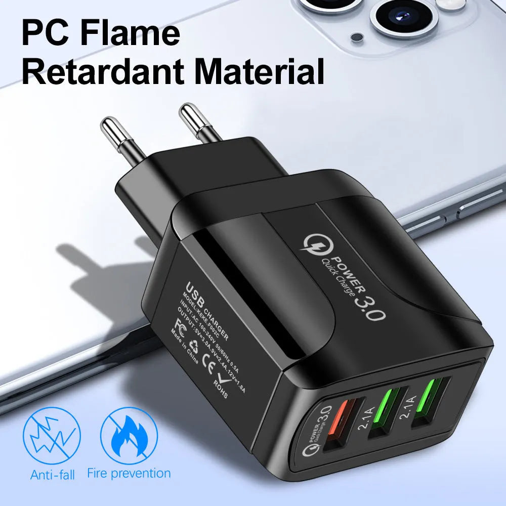 Black 3-port USB fast charger with Quick Charge 3.0 technology showing EU, UK, and US plug options