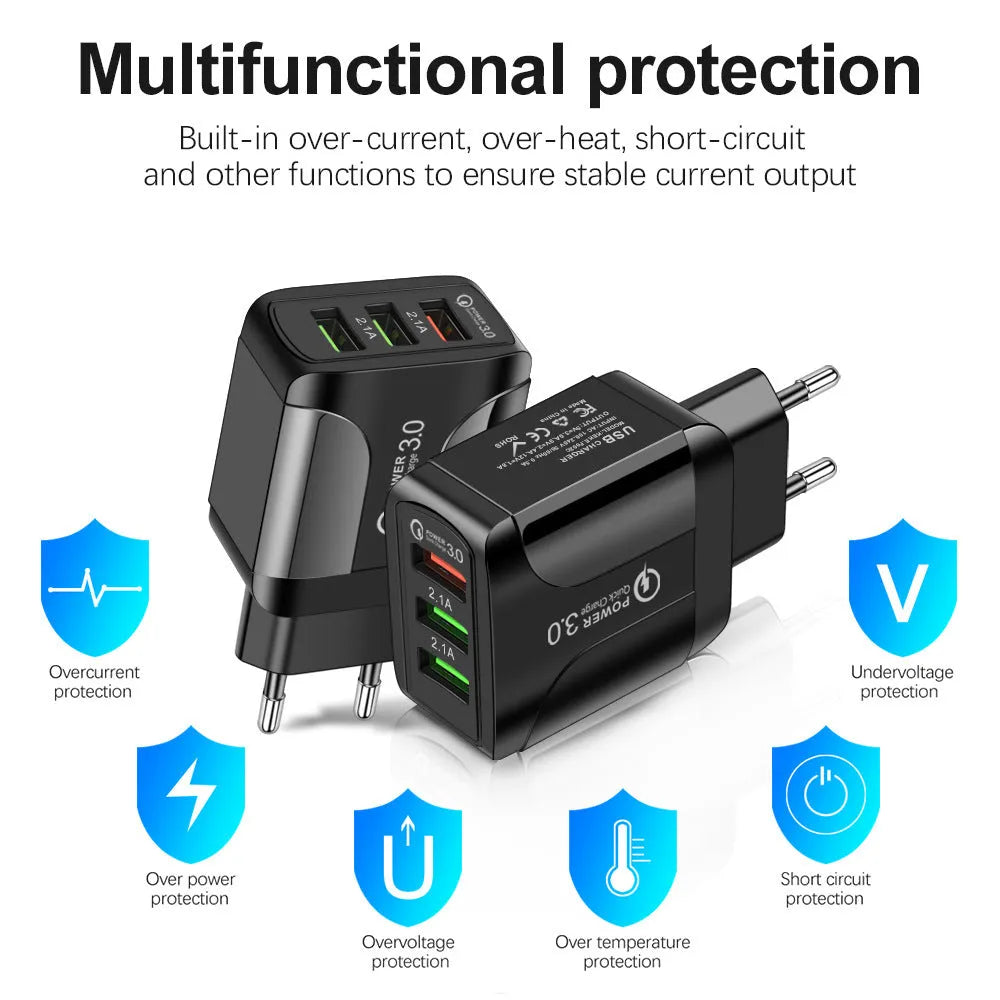 Black 3-port USB fast charger with Quick Charge 3.0 technology showing EU, UK, and US plug options