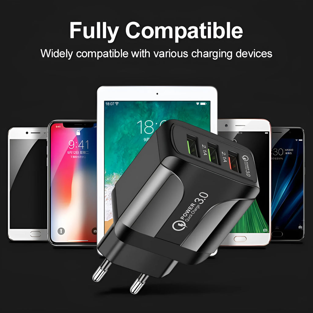 Black 3-port USB fast charger with Quick Charge 3.0 technology showing EU, UK, and US plug options