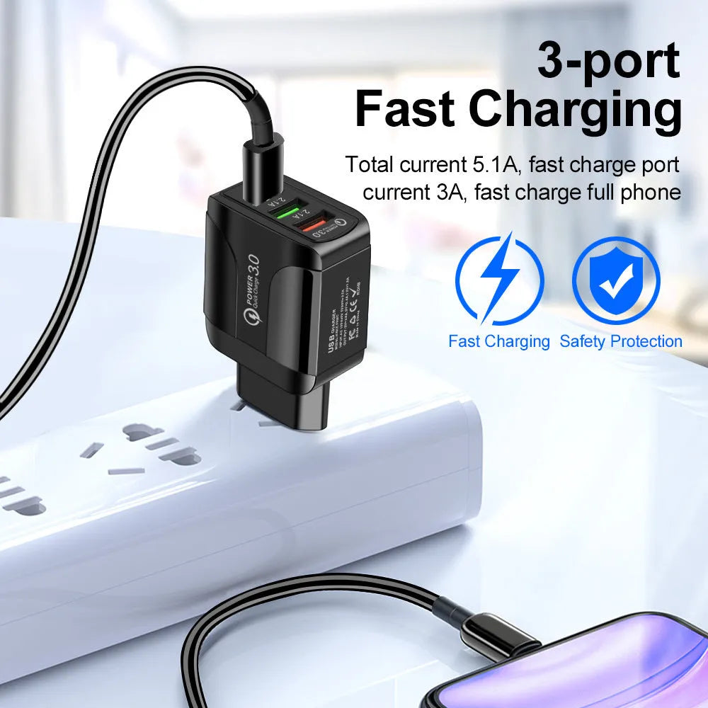 Black 3-port USB fast charger with Quick Charge 3.0 technology showing EU, UK, and US plug options