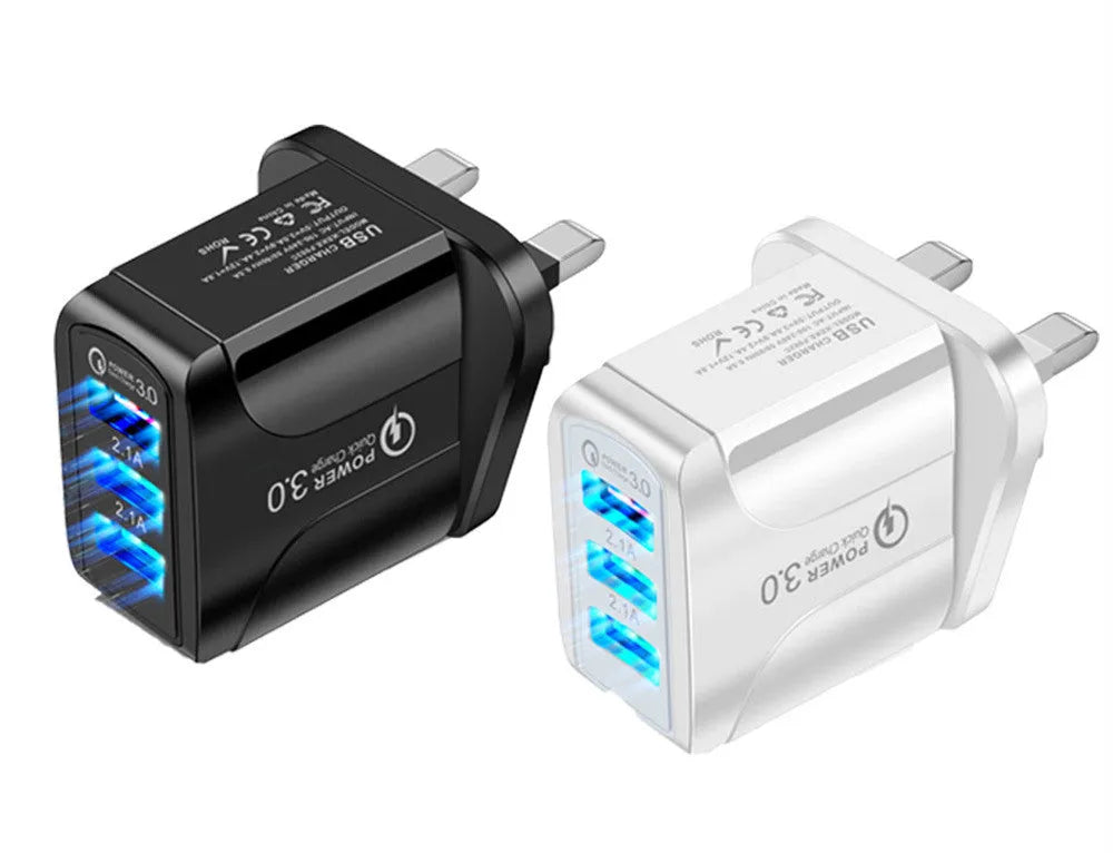 Black 3-port USB fast charger with Quick Charge 3.0 technology showing EU, UK, and US plug options