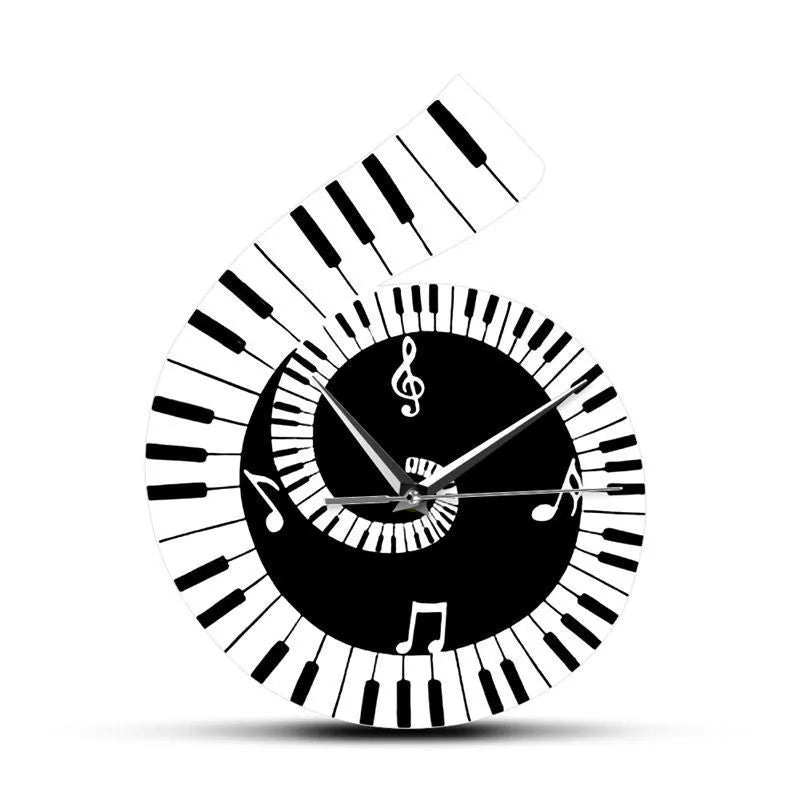 Black and white treble clef shaped wall clock with piano keyboard and musical note decoration