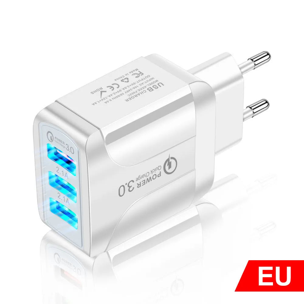 Black 3-port USB fast charger with Quick Charge 3.0 technology showing EU, UK, and US plug options