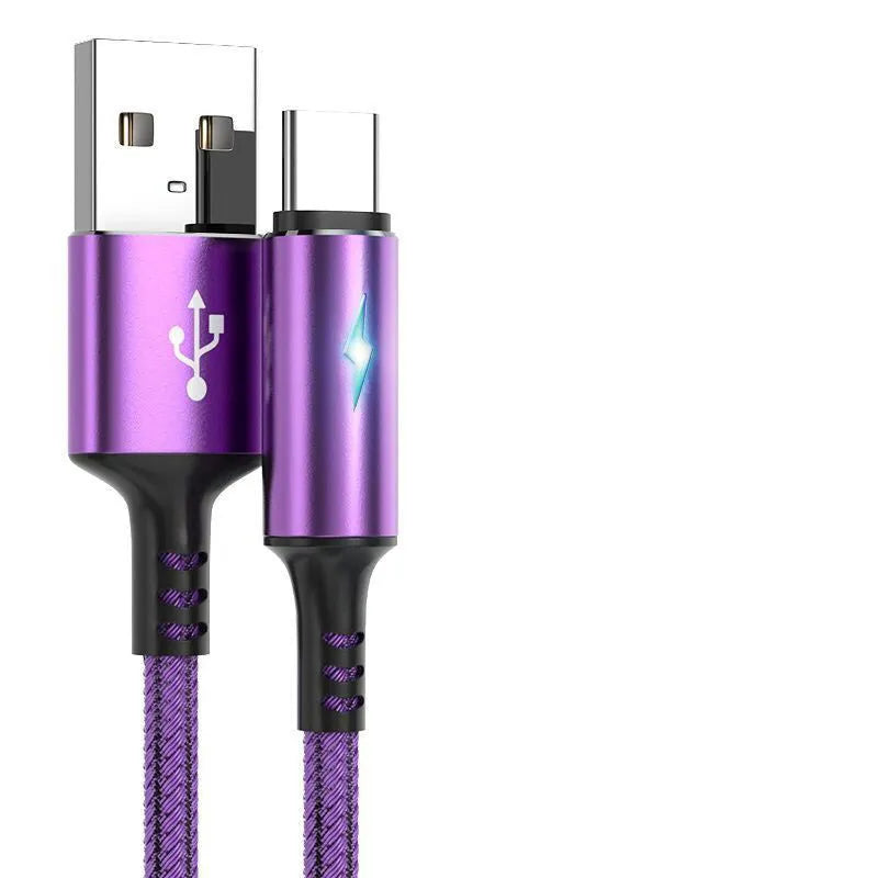 Black, red, and purple universal data cable compatible with Apple iPhone and Android phones.