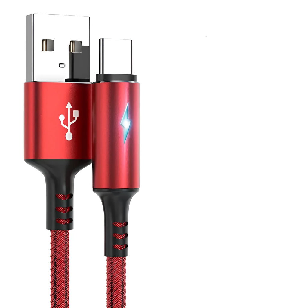 Black, red, and purple universal data cable compatible with Apple iPhone and Android phones.