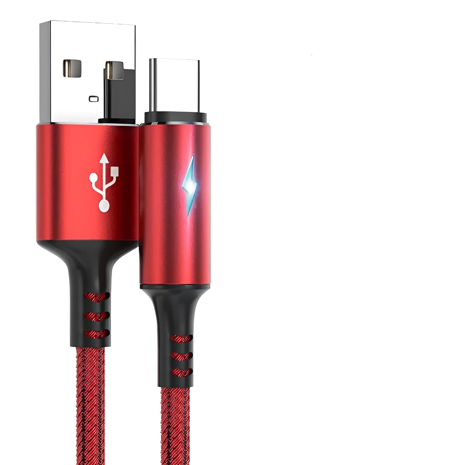 Black, red, and purple universal data cable compatible with Apple iPhone and Android phones.