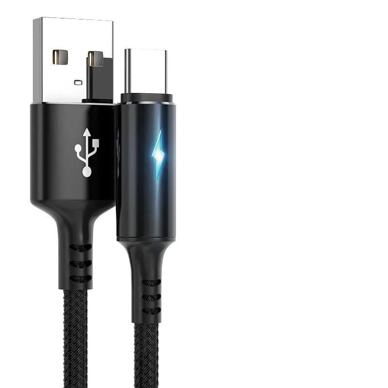 Black, red, and purple universal data cable compatible with Apple iPhone and Android phones.