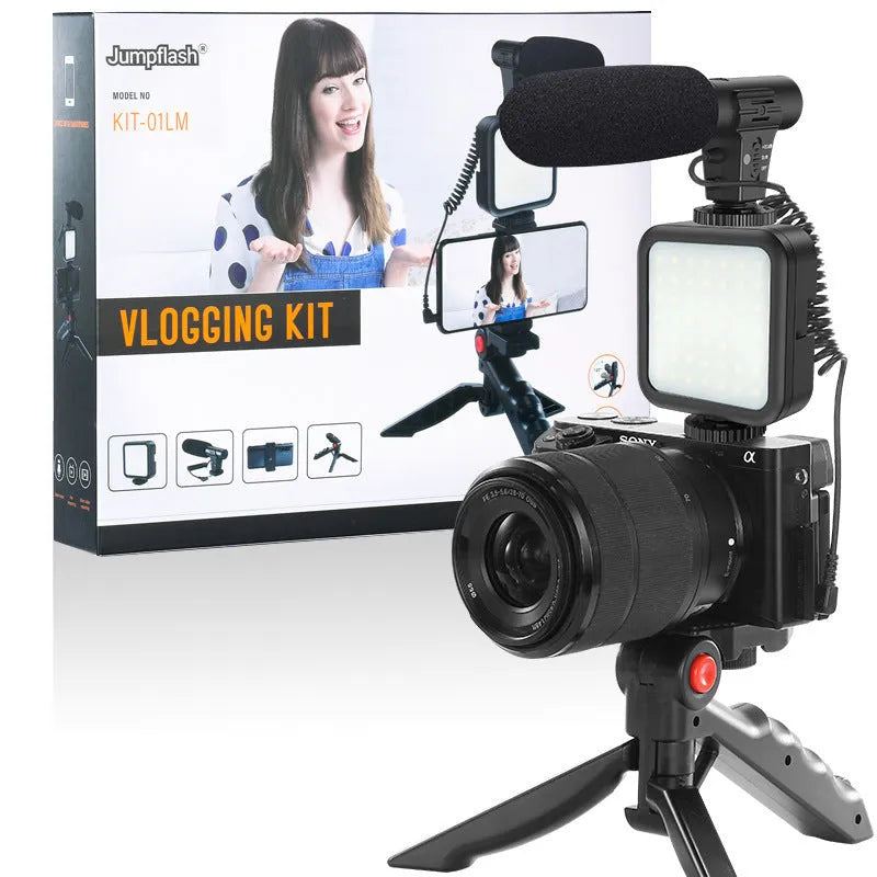 Black professional vlog tripod kit with fill light compatible with Apple iPhone for smartphone video studio