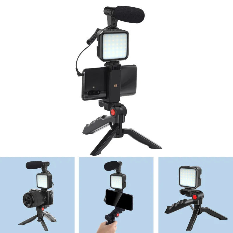Black professional vlog tripod kit with fill light compatible with Apple iPhone for smartphone video studio
