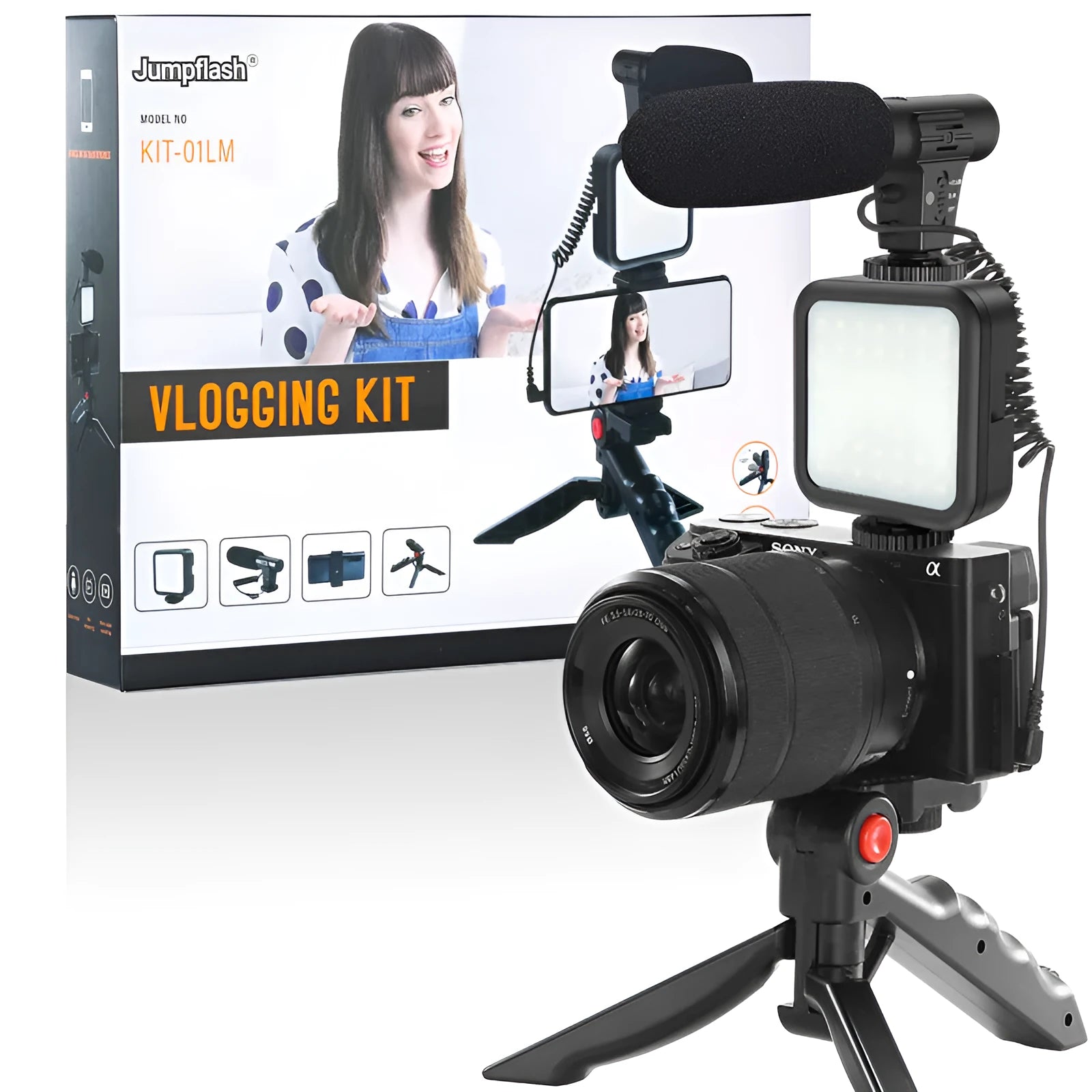 Black professional vlog tripod kit with fill light compatible with Apple iPhone for smartphone video studio
