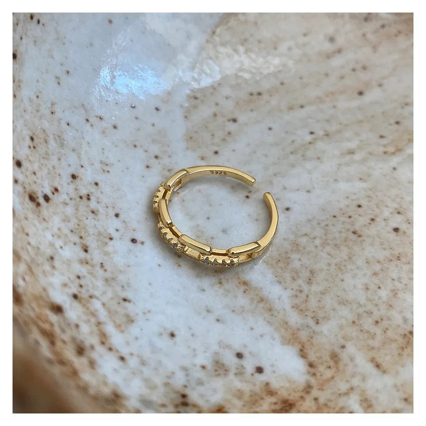 925 sterling silver hollow flower adjustable diamond ring in gold colour