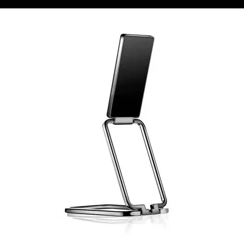 Gun black folding ring buckle phone holder attached to phone back, ring open for desktop stand