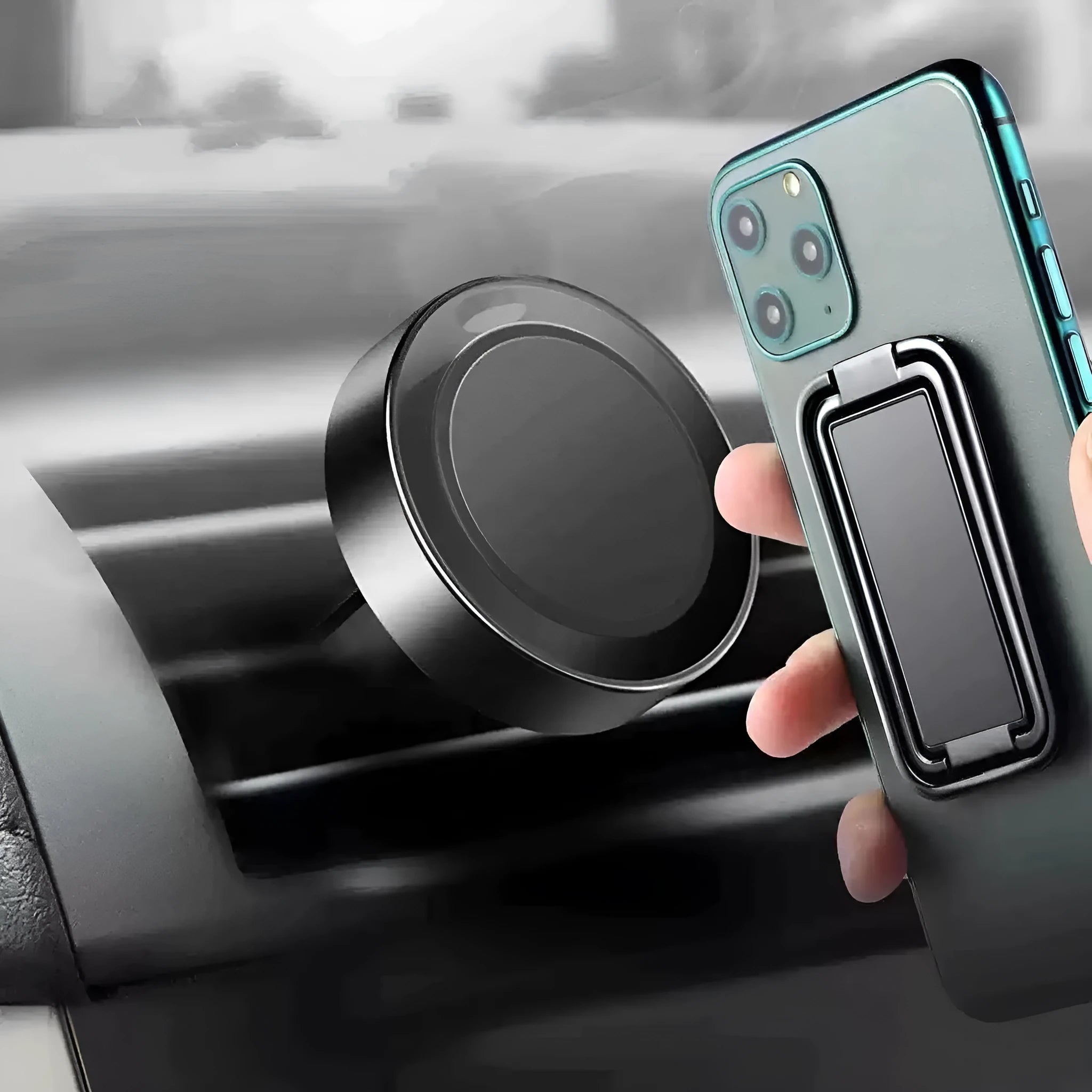 Gun black folding ring buckle phone holder attached to phone back, ring open for desktop stand
