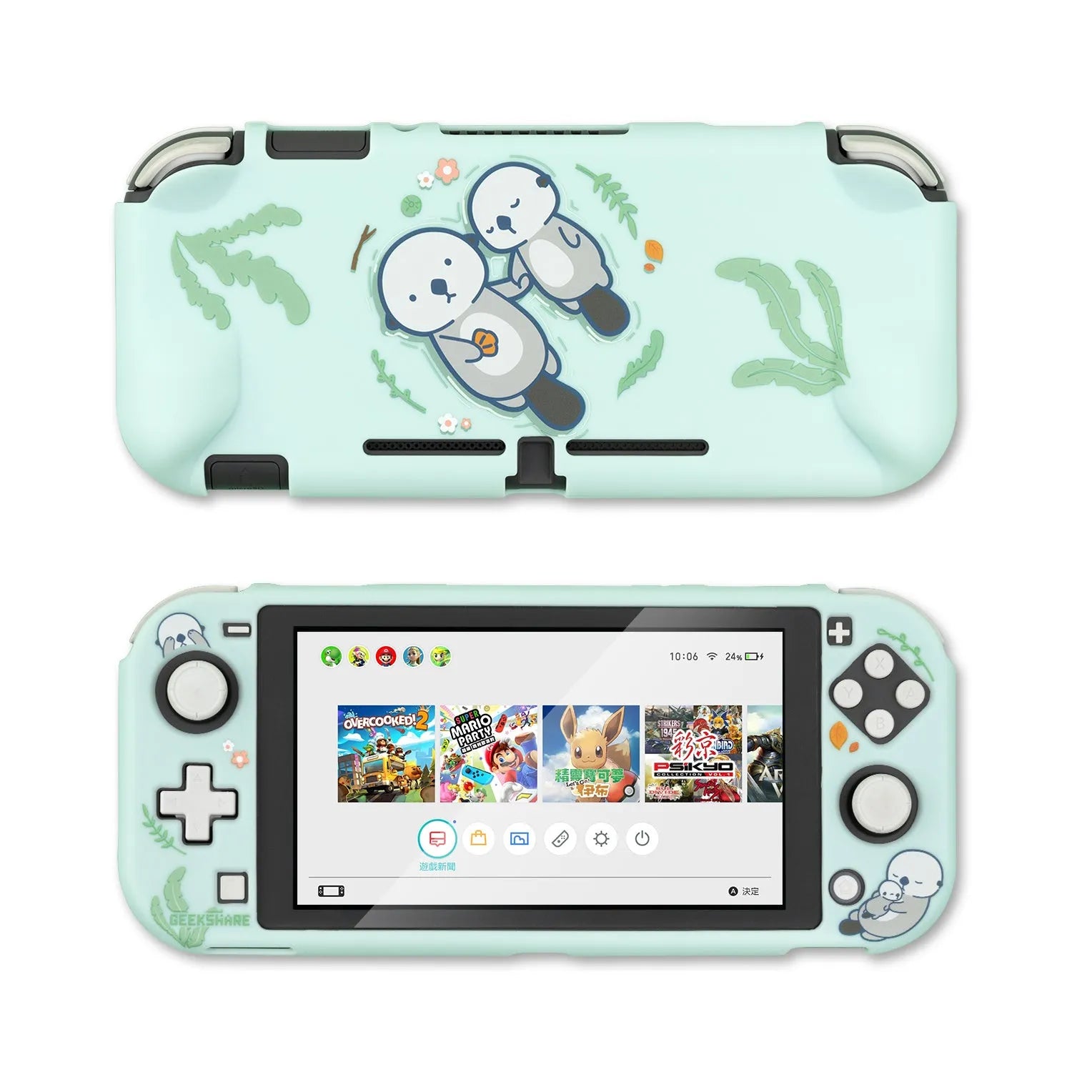 Sea Otter transparent hard PC protective case with back grip for Nintendo Switch Lite controllers.