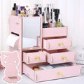 Wooden tabletop cosmetic storage box with a drawer and internal compartments for organisation.