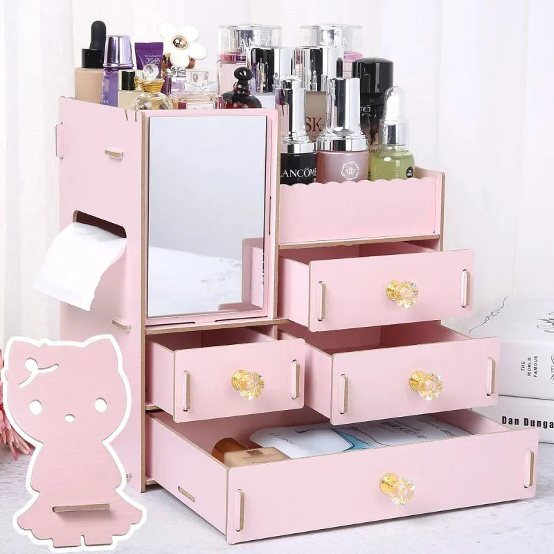 Wooden tabletop cosmetic storage box with a drawer and internal compartments for organisation.