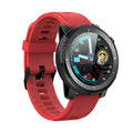 Black or red IP68 waterproof Android smart watch with 1.3-inch round touch screen on silicone strap.