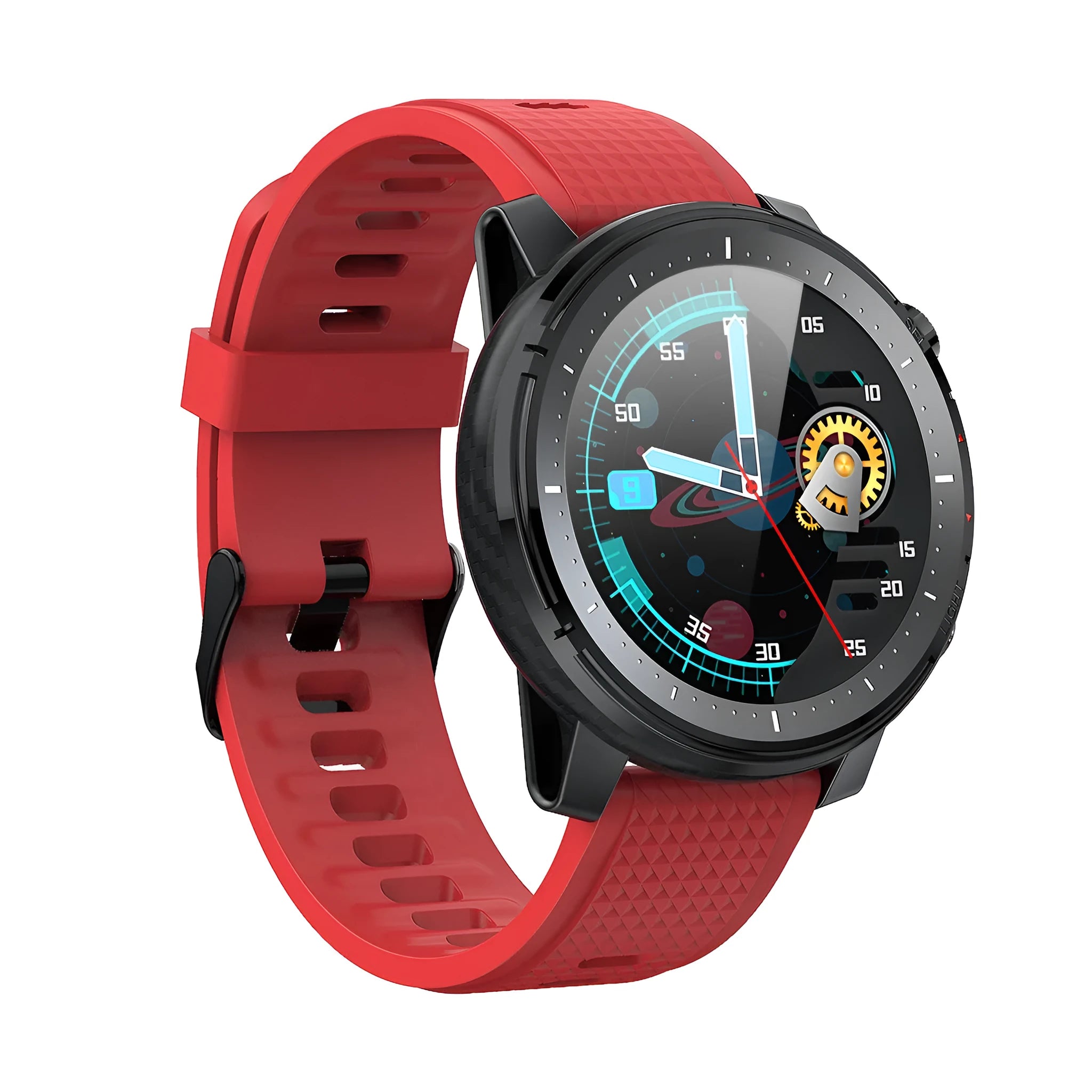 Black or red IP68 waterproof Android smart watch with 1.3-inch round touch screen on silicone strap.
