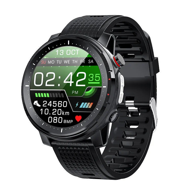 Black or red IP68 waterproof Android smart watch with 1.3-inch round touch screen on silicone strap.