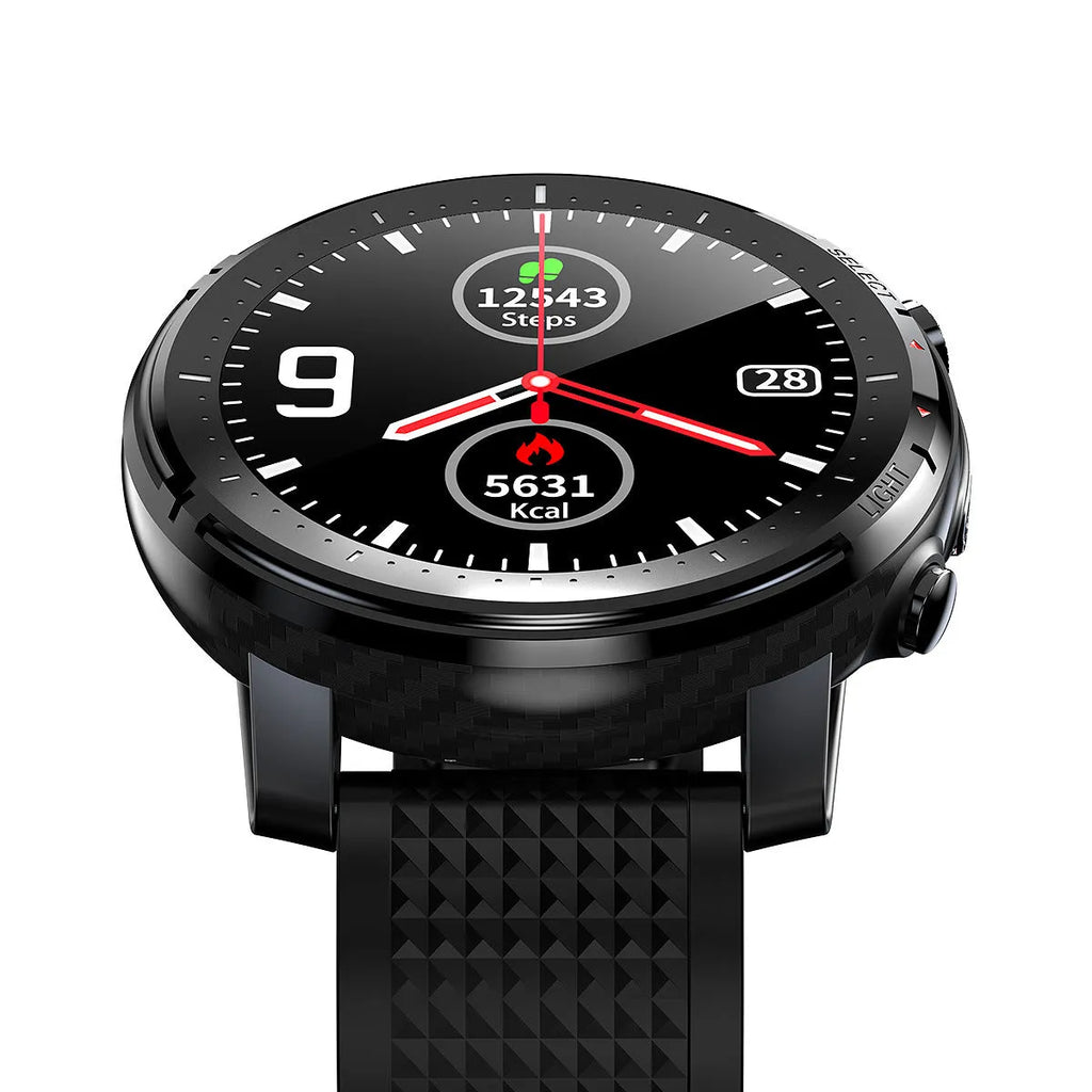 Black or red IP68 waterproof Android smart watch with 1.3-inch round touch screen on silicone strap.