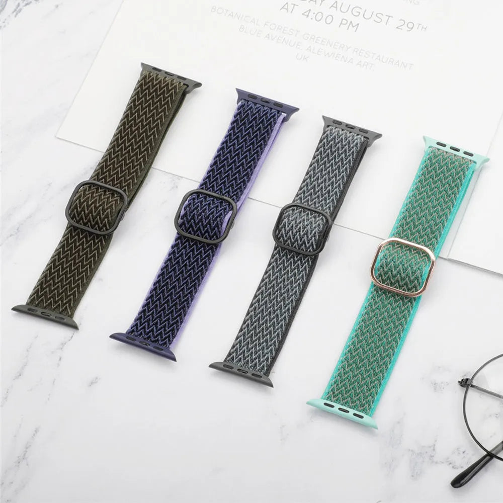 Braided wave-pattern nylon strap with elastic closure for Apple Watch, shown in spearmint ice colour.