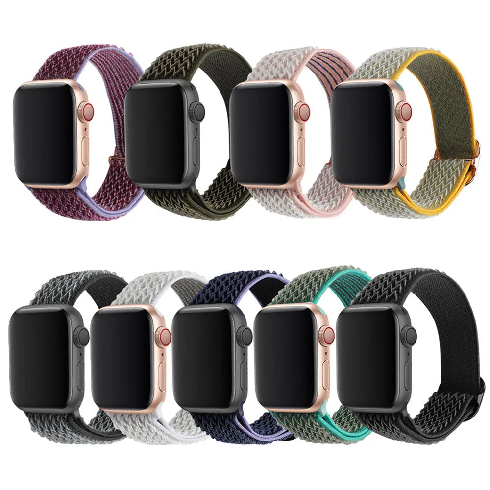 Braided wave-pattern nylon strap with elastic closure for Apple Watch, shown in spearmint ice colour.