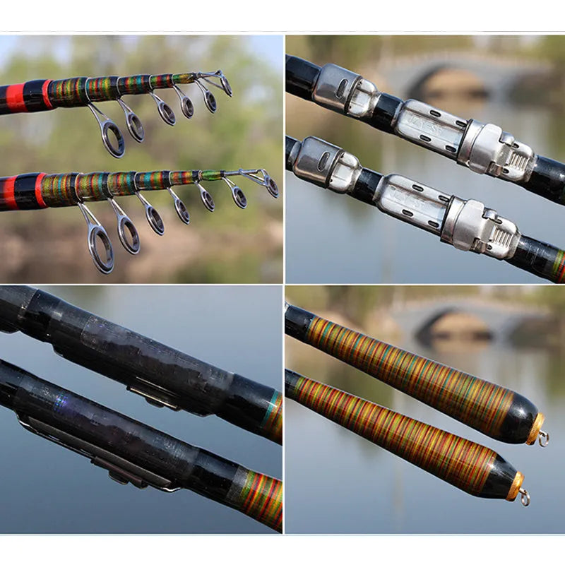 Telescopic carbon fibre rock fishing rod shrunk to 31cm portable size, shown beside a pocket for scale