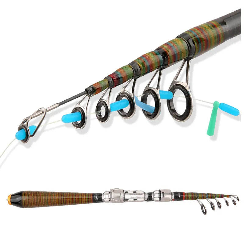Telescopic carbon fibre rock fishing rod shrunk to 31cm portable size, shown beside a pocket for scale