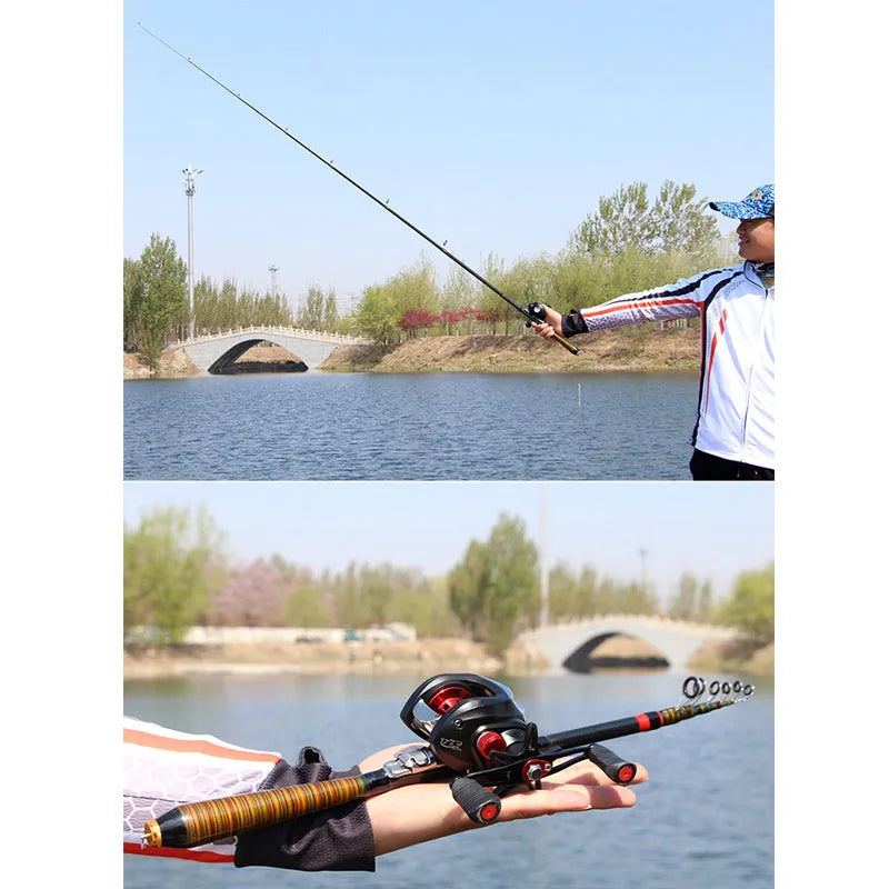 Telescopic carbon fibre rock fishing rod shrunk to 31cm portable size, shown beside a pocket for scale