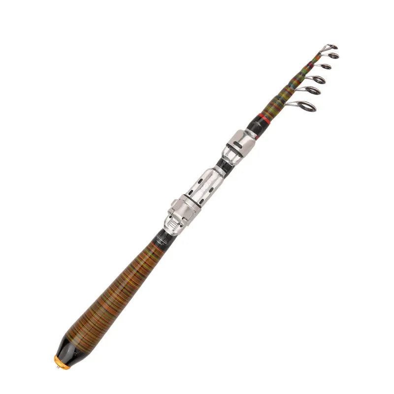 Telescopic carbon fibre rock fishing rod shrunk to 31cm portable size, shown beside a pocket for scale