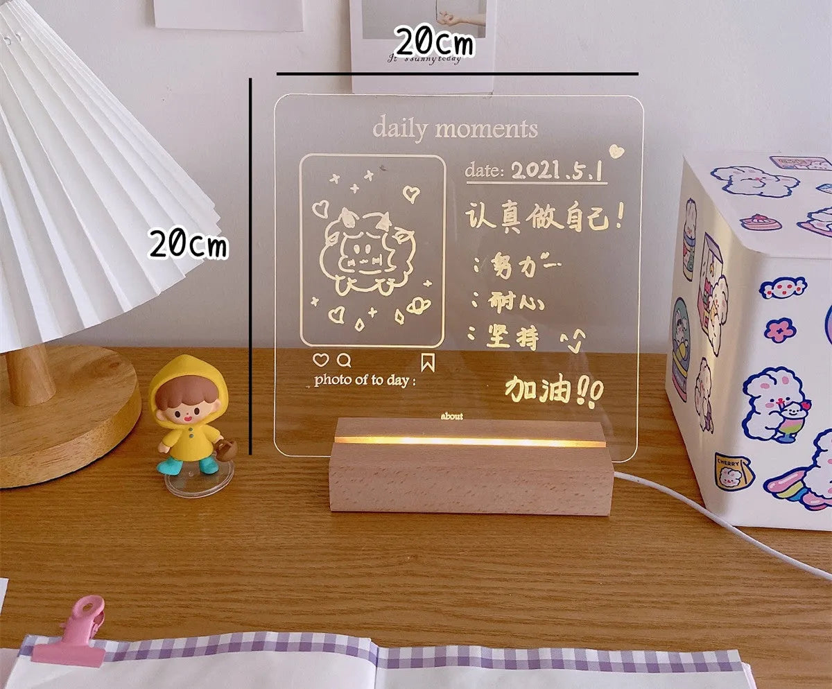 Bedside LED night light with message board surface and included lamp holder for bedroom use
