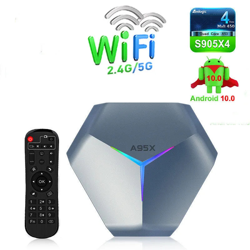 Android 8K TV set-top box with remote control, HD cable, and regional power adapter on a table.