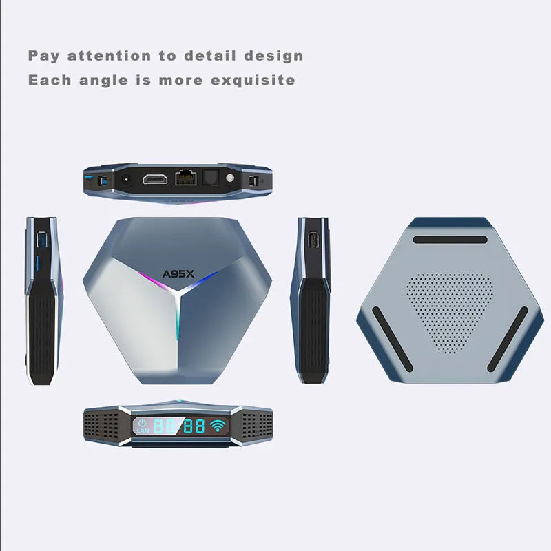Android 8K TV set-top box with remote control, HD cable, and regional power adapter on a table.