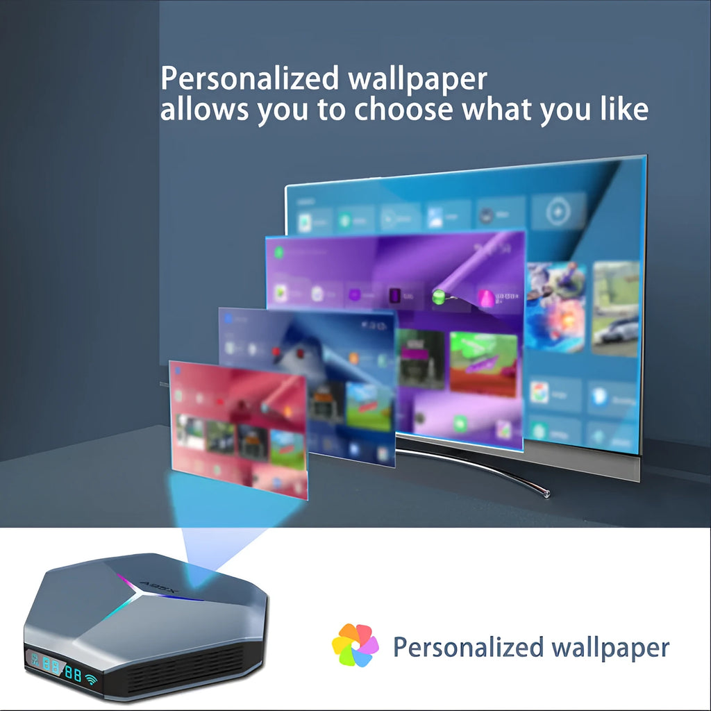 Android 8K TV set-top box with remote control, HD cable, and regional power adapter on a table.