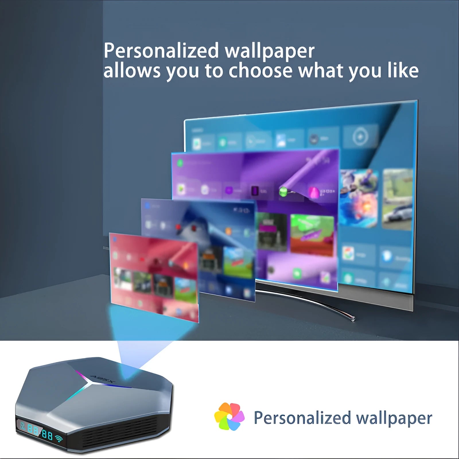 Android 8K TV set-top box with remote control, HD cable, and regional power adapter on a table.