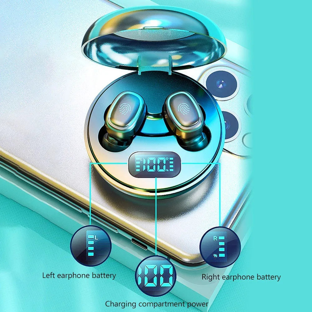 Mini wireless in-ear headphones in black, white, red, and blue colours showing single and double ear wearing options