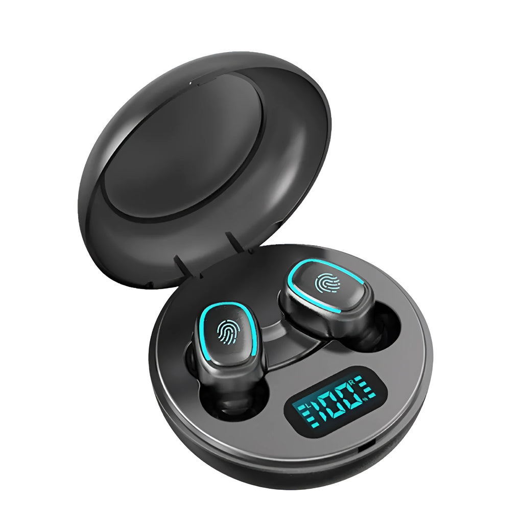 Mini wireless in-ear headphones in black, white, red, and blue colours showing single and double ear wearing options