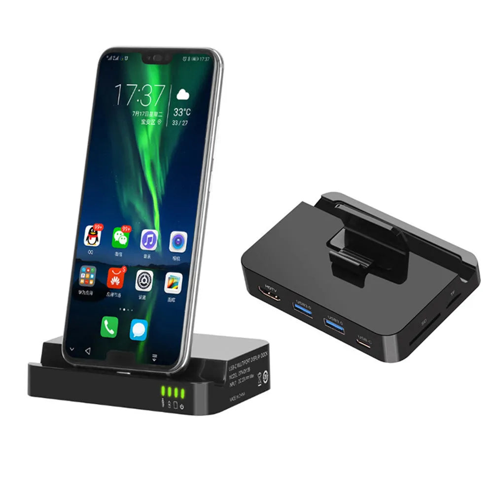 Black USB-C to HDMI mobile phone converter dock for HD video output on a monitor