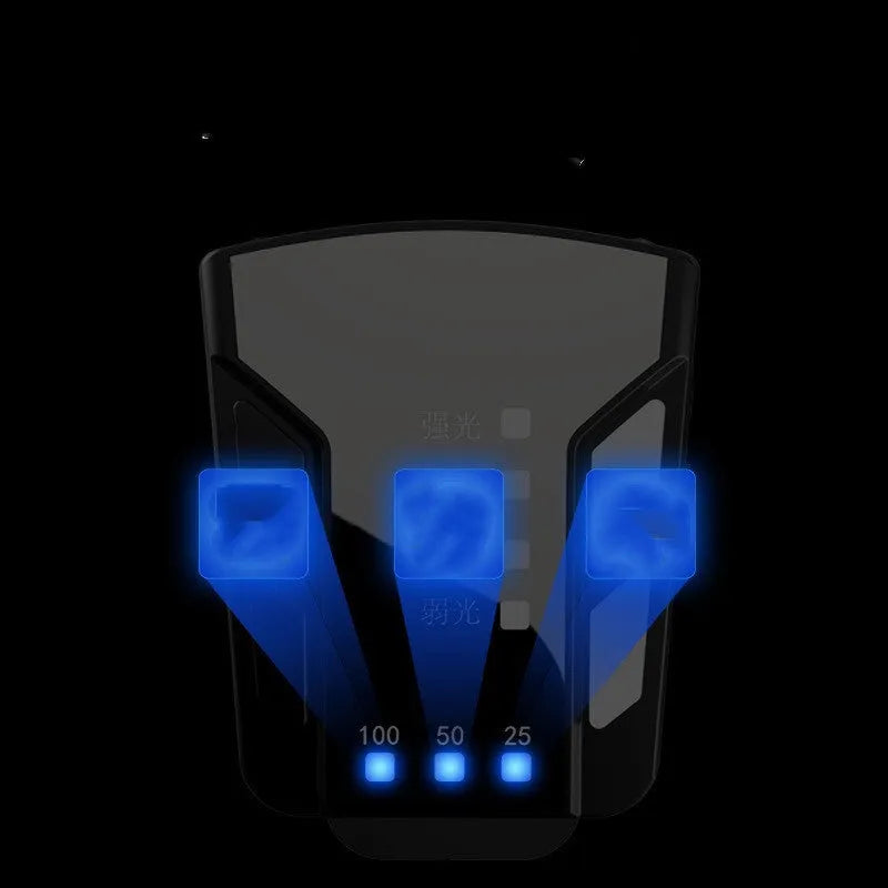 USB rechargeable fishing headlight clipped onto a cap, showing LED lights and 360-degree rotation.