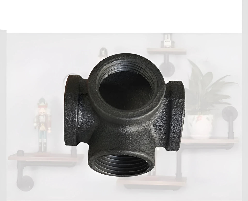 Galvanised steel four-way pipe fittings with malleable iron construction in three diameter sizes