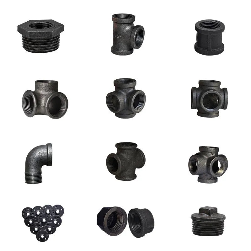 Galvanised steel four-way pipe fittings with malleable iron construction in three diameter sizes