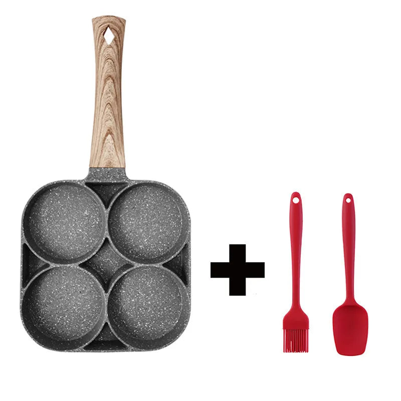 Four-hole non-stick aluminium frying pan with wood handle, silicone spatula, and oil brush.