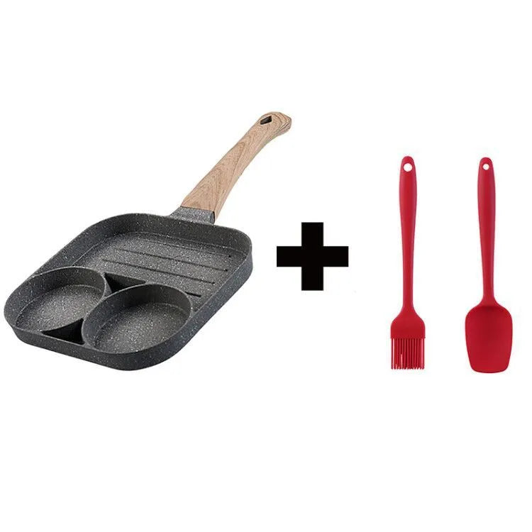 Four-hole non-stick aluminium frying pan with wood handle, silicone spatula, and oil brush.