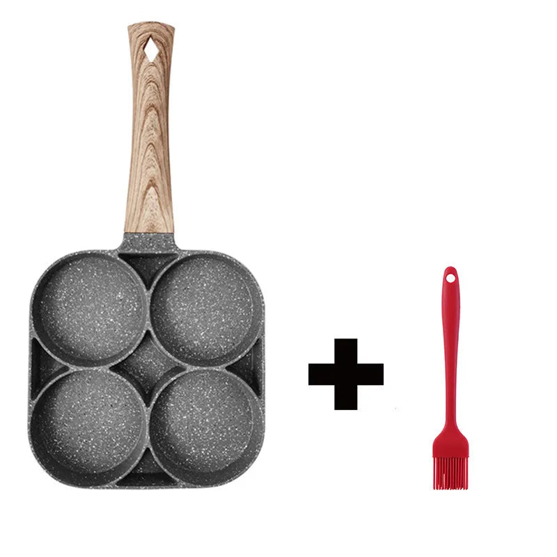 Four-hole non-stick aluminium frying pan with wood handle, silicone spatula, and oil brush.