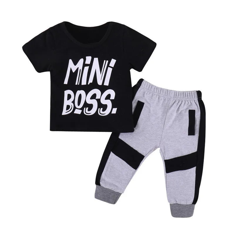 Pudcoco 2-piece black toddler boy clothes set with letter print top and trousers