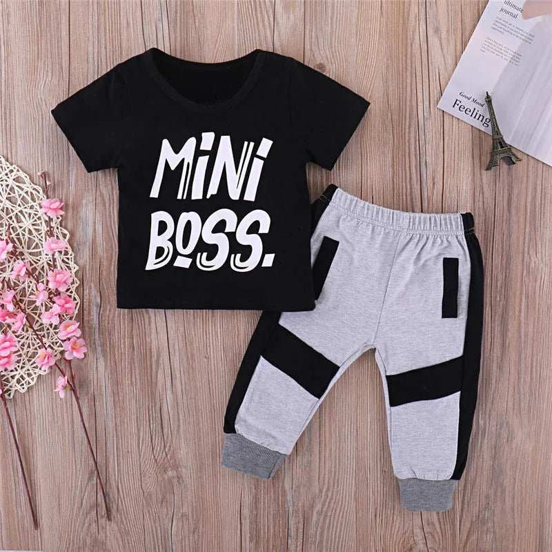Pudcoco 2-piece black toddler boy clothes set with letter print top and trousers